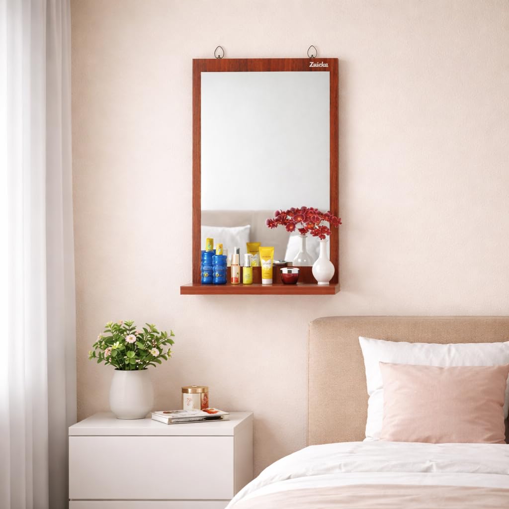 Wall Mounted Mirror with Shelf, Wood Finish, Bathroom Vanity Mirror, Brown Frame with Storage-image-16