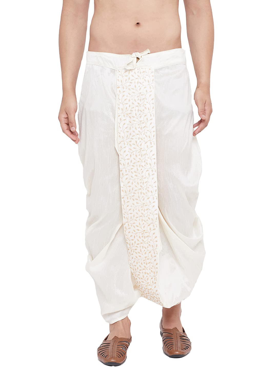 Vastramay Men's Cream Silk Blend Embroidered Dhoti Ready-to-Wear Traditional Dhoti with Golden Embroidery for Weddings, Festivals, and Casual Wear