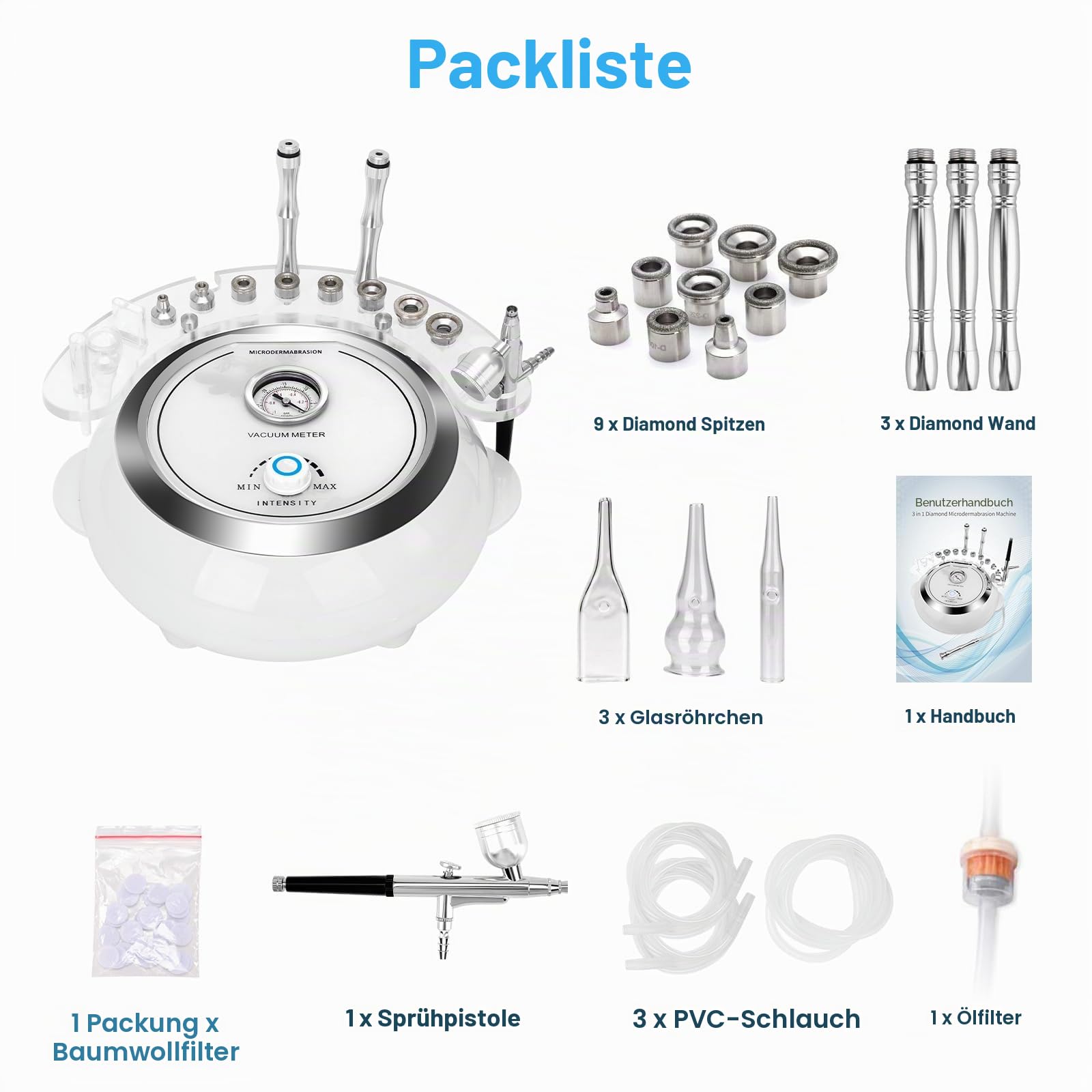 iklestar 3 in 1 Mikrodermabrasionsgerät Gesicht mit Sprühpistole, Professionelles Diamant Dermabrasions Gesichtsbehandlungsset Mikrodermabrasionsgerät für Salon und Heimgebrauch, 65-68cmHg