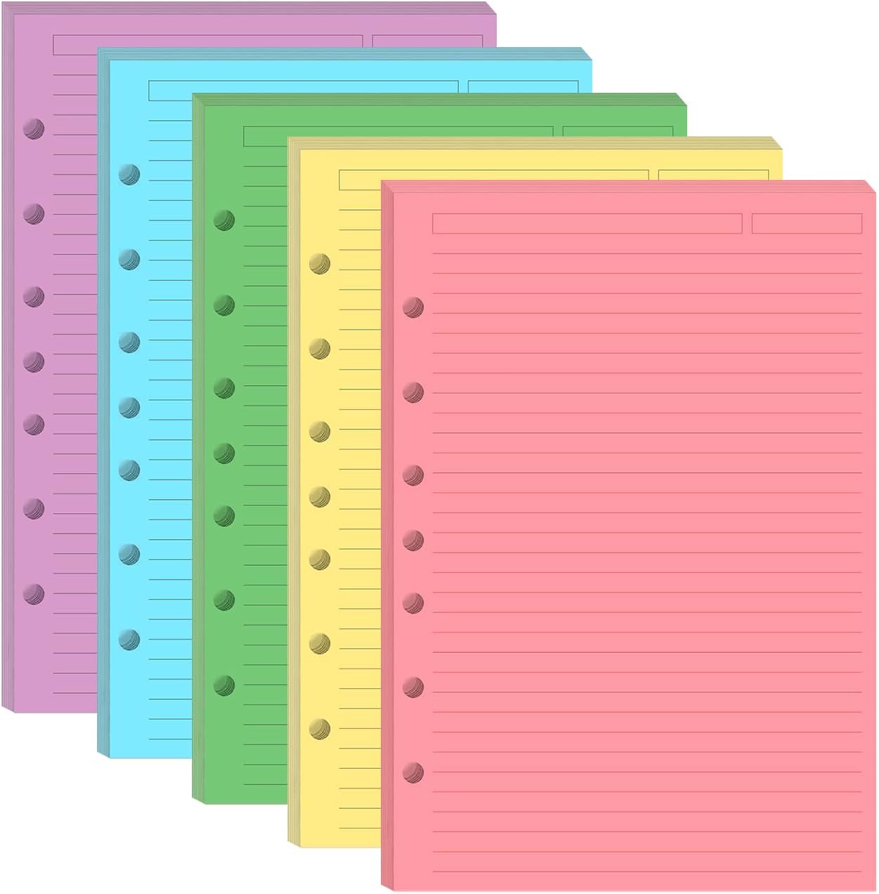 Mini Binder 5 Colorful Line Paper for 3 or 7 Ring Binders - 100 Sheets/200 Pages Loose Leaf Paper Line Refills, Per Color 20 Sheets, Desk Size 4, 5.8" x 8.5"
