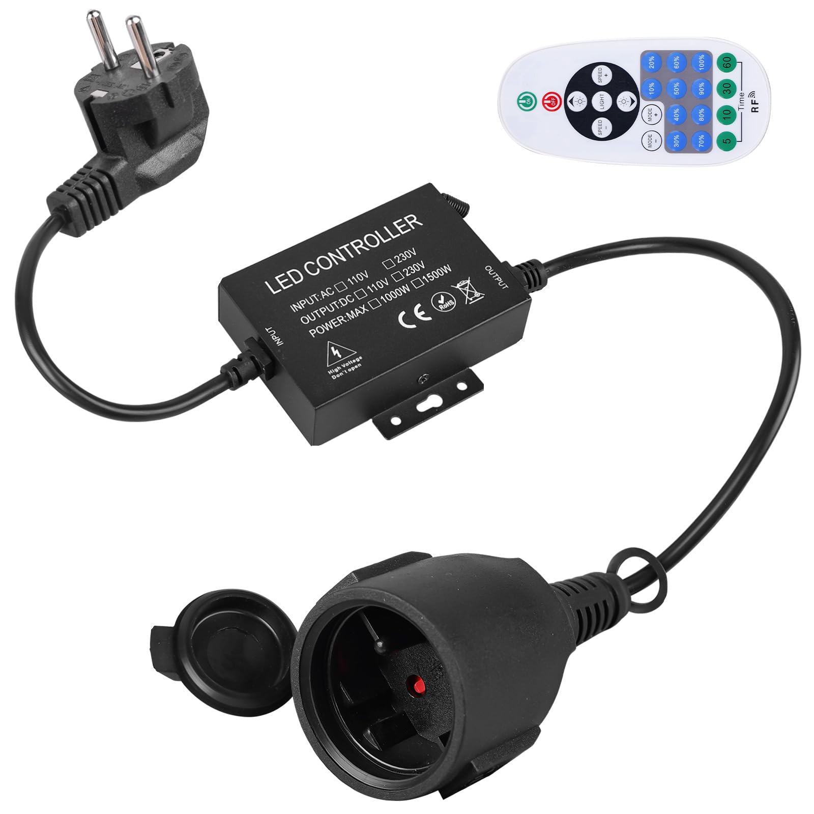Variateur de chaîne de lumière LED 1500W avec télécommande, interrupteur enfichable CA 220-240V, douille de variateur pour bandes lumineuses et lampes à intensité variable, télécommande à 23 touches +