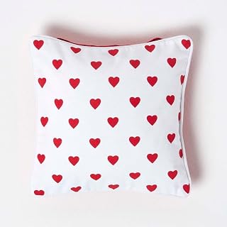 HOMESCAPES - 100% Cotton - Love Hearts - Cushion Cover - 30 x 30 cm Square - 12 x 12 Inches - Red White - 100% Cotton Sofa Pillow Cushion Cover - Washable