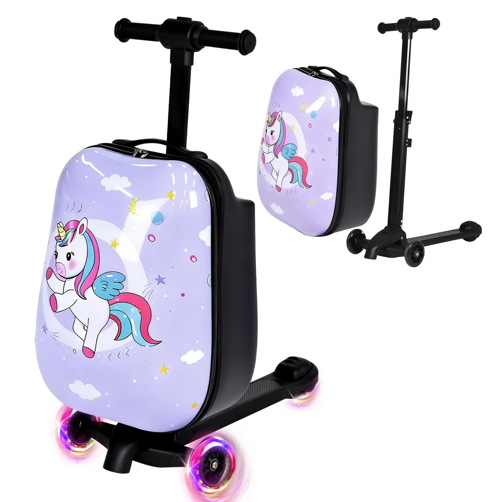 smilesun 4-in-1 Detachable Scooter Suitcase for Kids & Teens – 3D Owl/Dolphin Hardside Ride-On Luggage, Lightweight Foldable Design, Unique Travel Gift for Children (Purple Cute Pony, 22-inch)