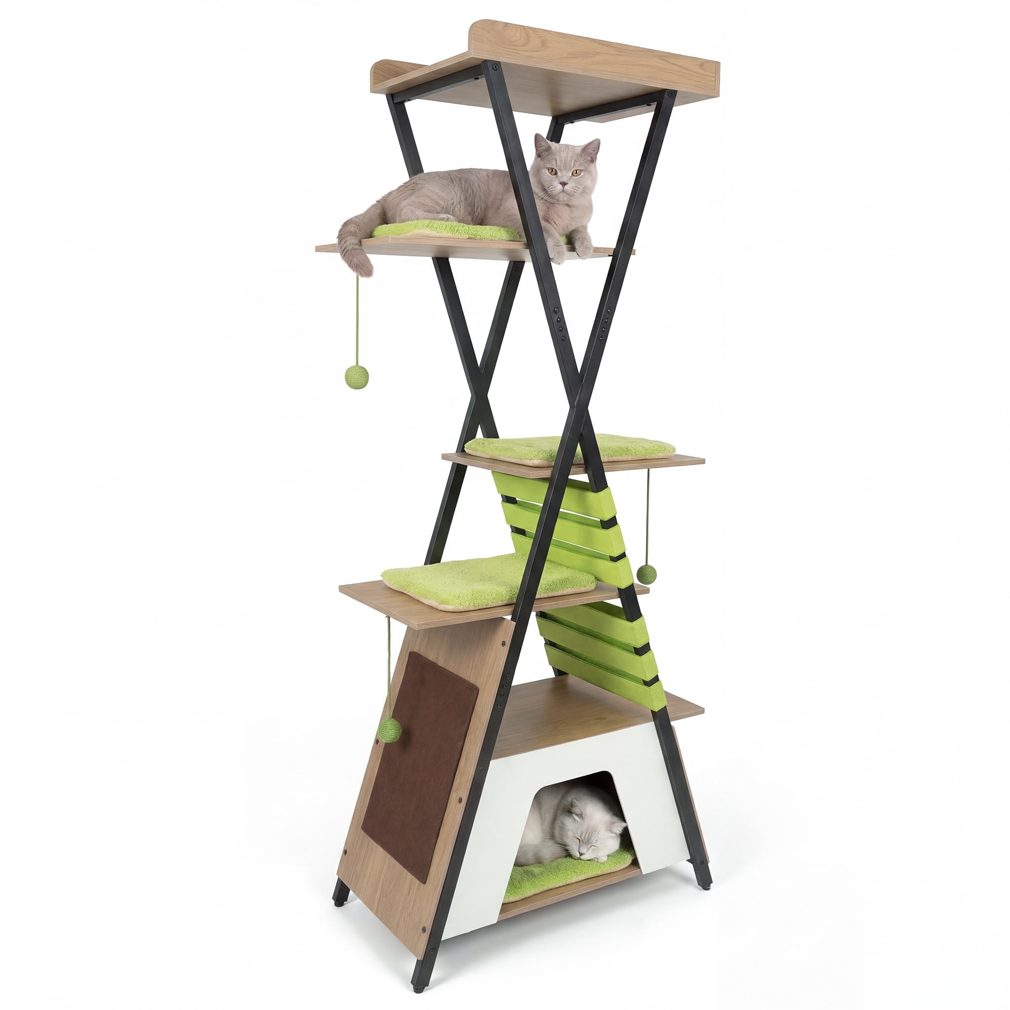 GYMAX Multi-level Cat Tree, 185CM Wooden Cat Tower with Elevated Perch, Large Condo, Scratching Pad, Dangling Balls & Removable Mats, Indoor Kitten Activity Center for Climbing, Scratching, Sleeping