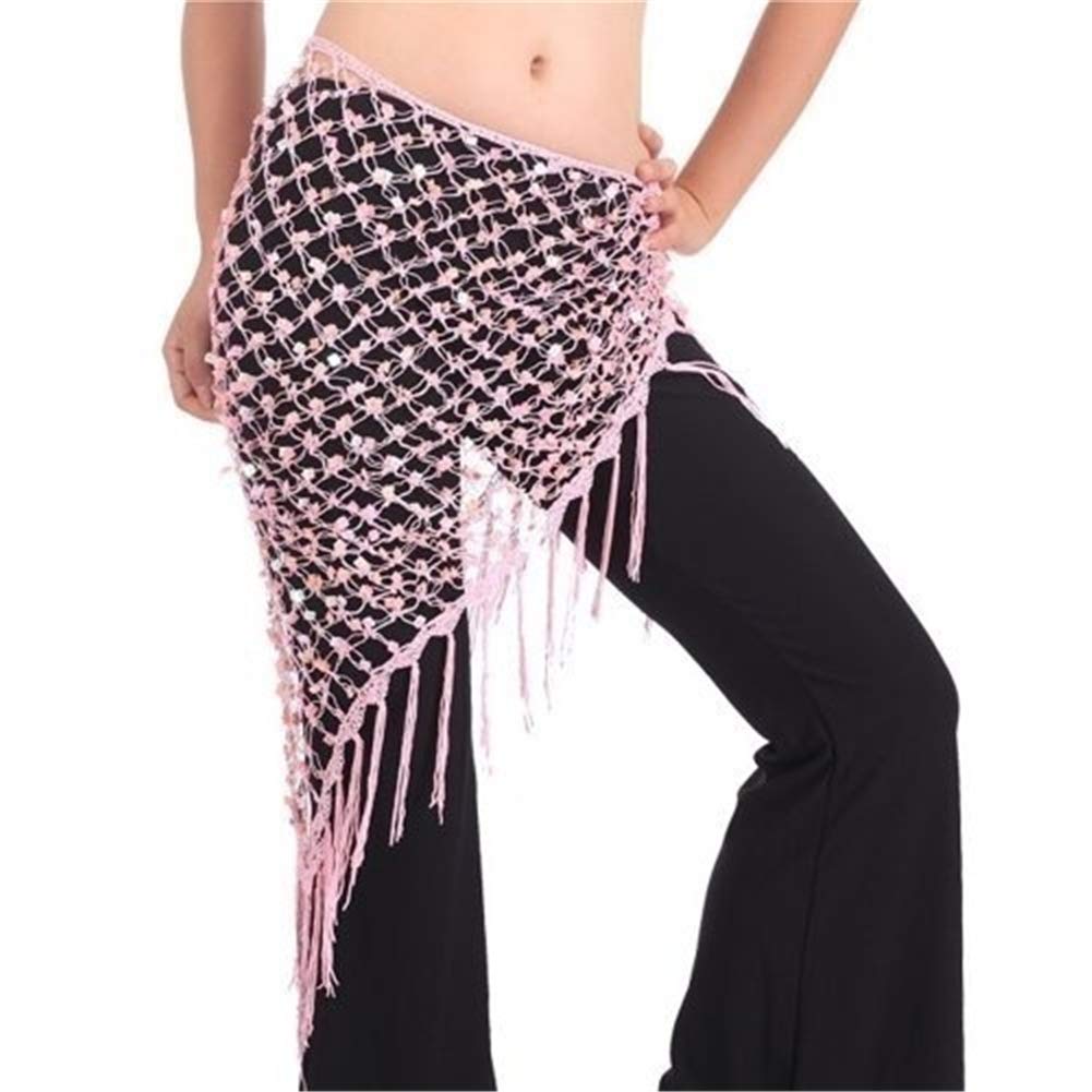 Miracle MakerPink Belly Dance Practice Clothes Accessories Stretchy Long Tassel Triangle Belt Hand Crochet Belly Dance Hip Scarf Sequin