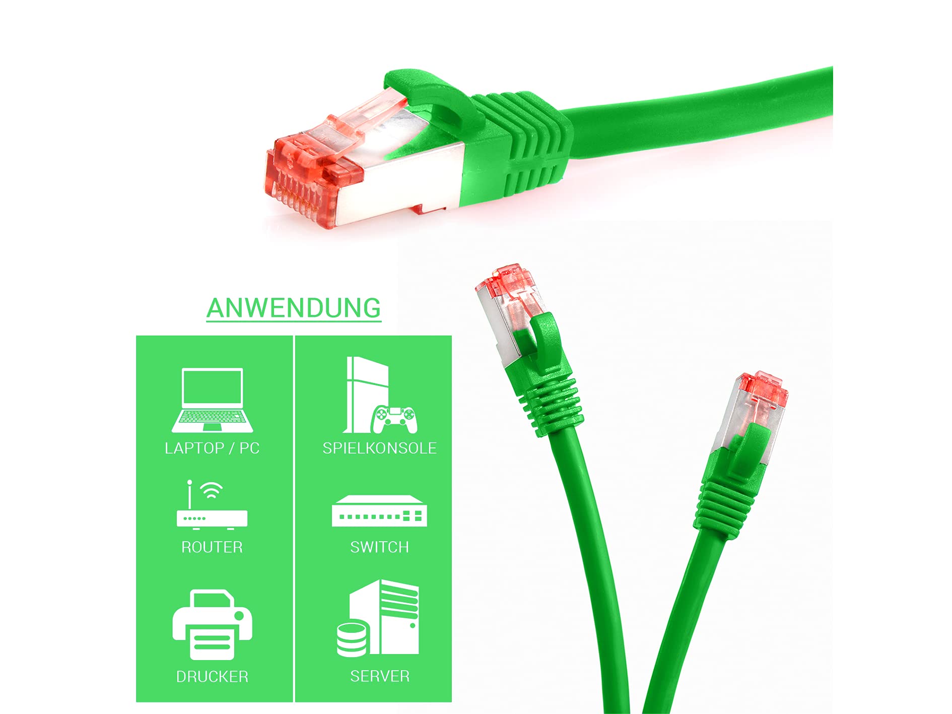 Cat.6, Set cavo Ethernet, cavo Ethernet CAT6, cavo patch Cat.6, cavo LAN Cat.6, cavo di rete Cat.6, cavo di rete ethernet gigabit con protezione antipiega; cavo patch schermato, cavo internet Verde / 10 pz 7,50 m