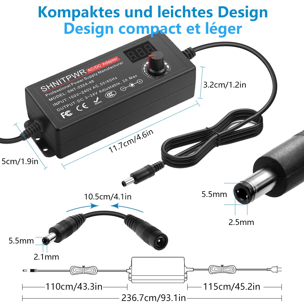 SHNITPWR Universal 3.5V~24V Netzteil 48W 2A AC/DC Schalt-Netzteil Adapter, mit 14 pcs Adapterstecker, für 3.5V bis 24V Elektronische Geräte, Bilderrahmen Babyphone-Kamera und LED-Streifen ect.