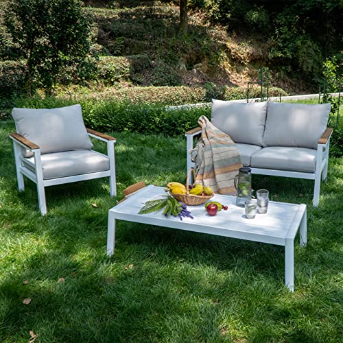 Lebenliebe Outdoor Furniture Set 4 Pieces Patio Aluminum Conversation Sets Patio Sectional Sofa Set With Loveseat, Two Armchairs And Coffee Table,White Frame #TOP6