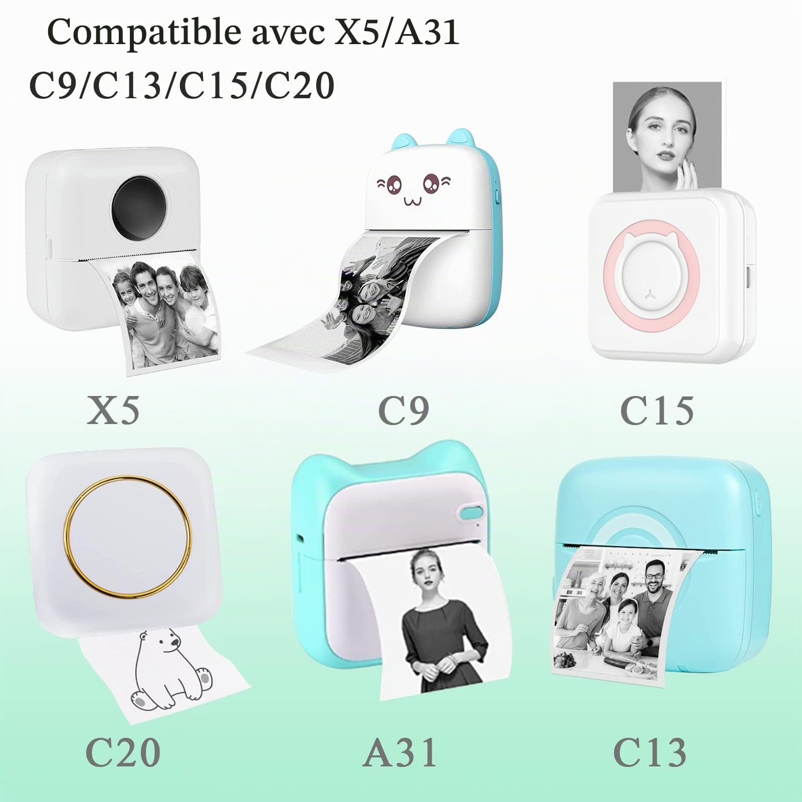 Papier Thermique 57x25mm Auto-adhésif Blanc pour Mini Imprimante, 10 Rouleaux