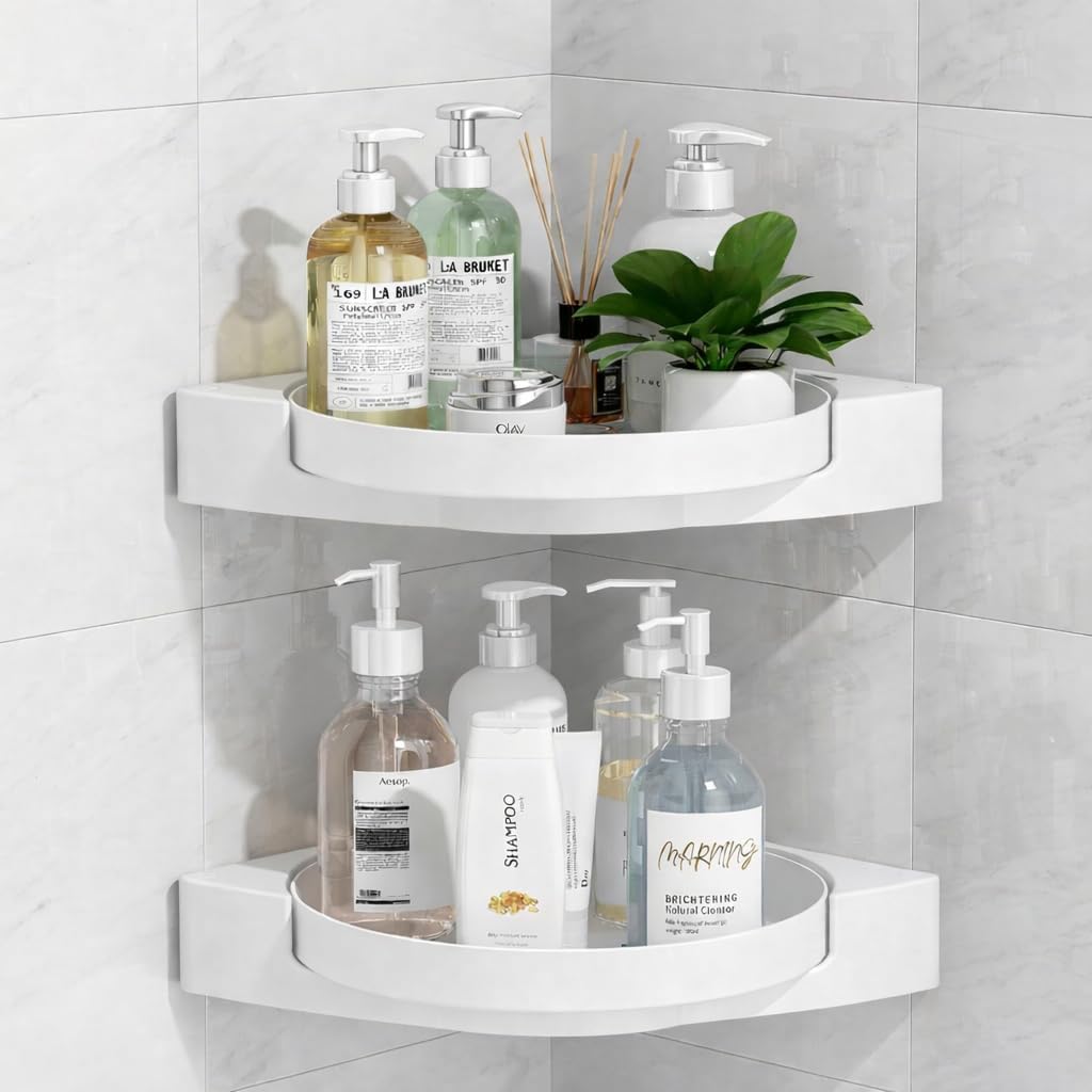 360° Rotating Bathroom Corner Shelf | Wall Mounted Shower Organizer | Space Saving Bathroom Shelf for Shampoo, Soap & Cosmetics (2 Shelves, White)-picture-10
