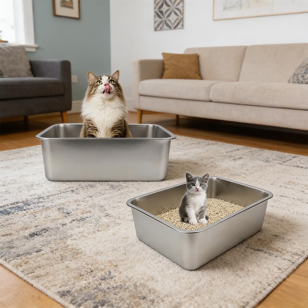 2PCS 17.5×13.5×6 Inch Stainless Steel Cat Litter Box - Medium Non-Stick Rust-Proof Metal Litter Pan, Easy to Clean Non-Smell Indoor Litter Tray for Kitty/Kitten/Cat/Rabbits