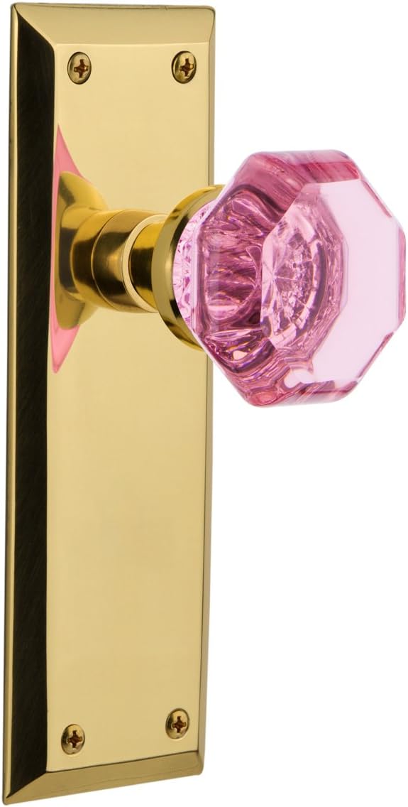 Nostalgic Warehouse 722484 New York Plate Single Dummy Waldorf Pink Door Knob in Polished Brass
