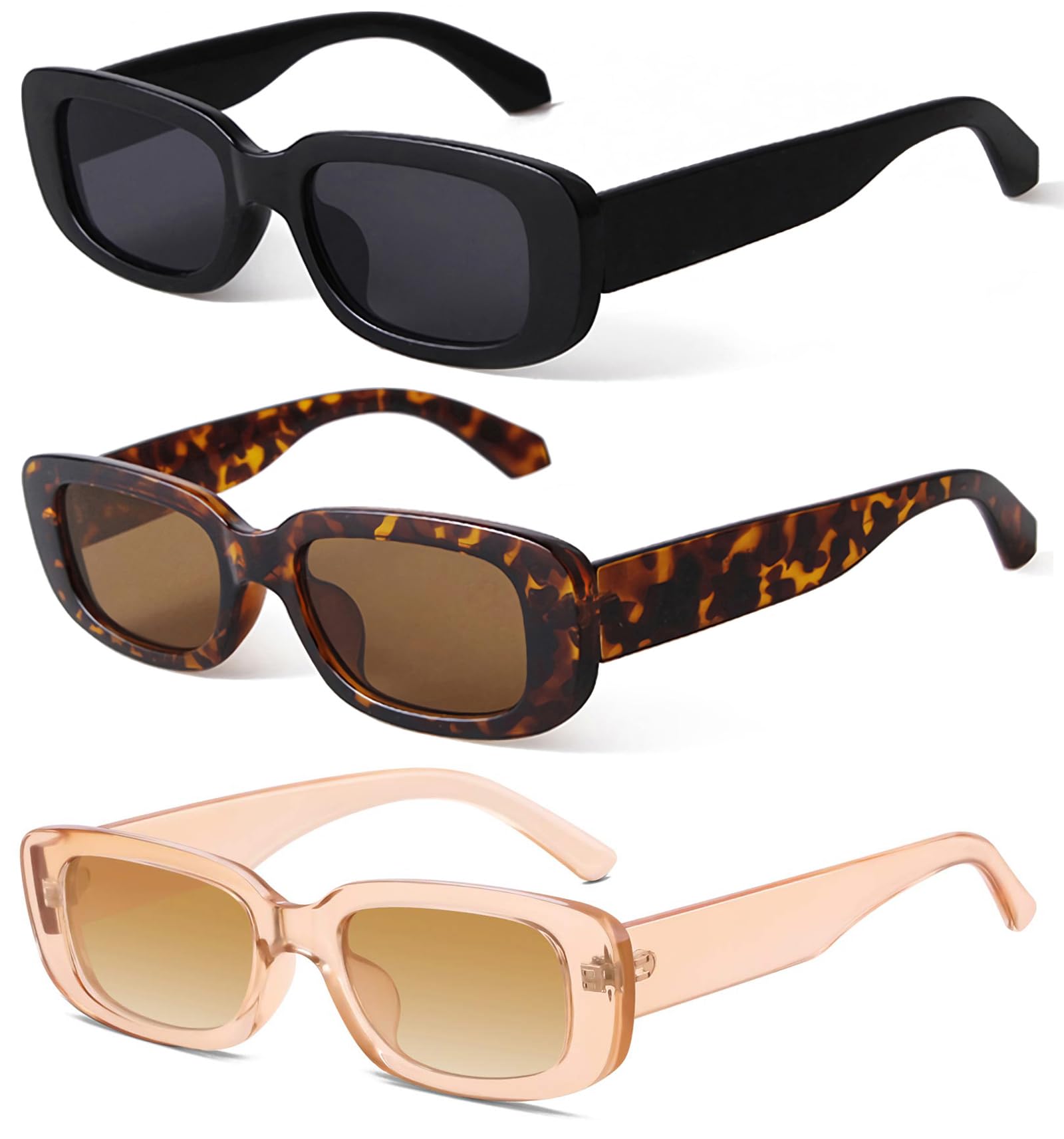 KUGUAOK 3PACK Retro Rectangle Sunglasses Women and Men Vintage Small Square Sun Glasses UV Protection Glasse