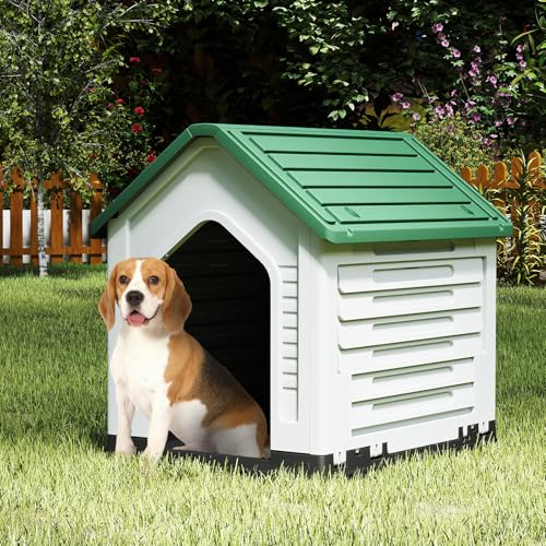 GOPLUS Hundehütte Outdoor, Hundehütte wetterfest mit verschließbarer Gittertür & erhöhter Boden, Luftventile, Schrägdach, Hundekäfig Indoor, Haustierhaus Zuhause für Hunde & Katzen (Grün)