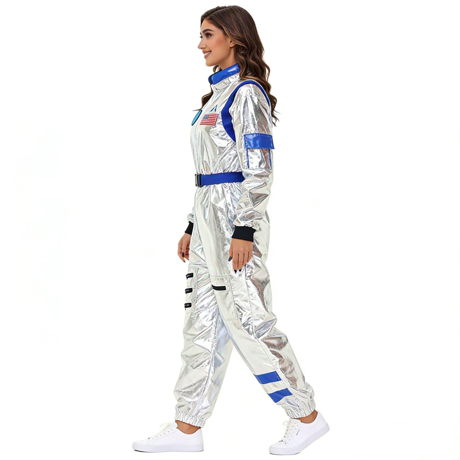 Astronauten Kostüm Familie Set Damen Herren Kinder, Silber Overall Space Weltall Kostüm Mit Gürtel, Faschingskostüme Astronaut Cosplay Outfit Weltraum Raumanzug