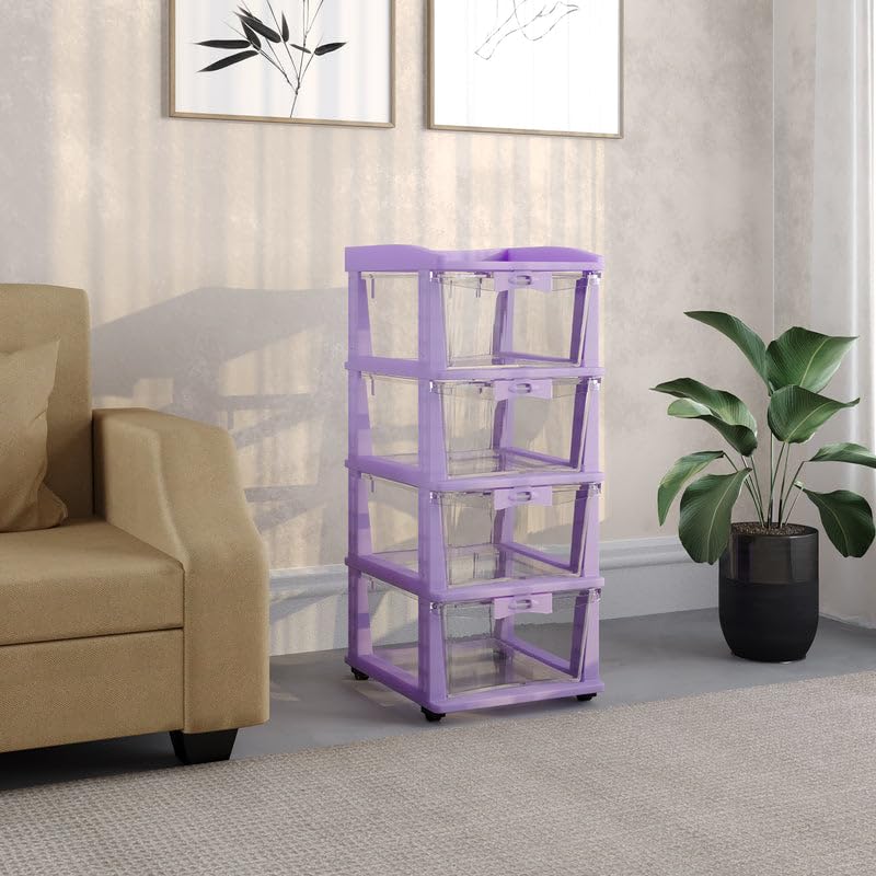 Nilkamal Chests of 4 Drawers CHTR24NT |Multi-Purpose Storage Organizer For Kids, School,And Home |Easy Assembly|Violet Colour