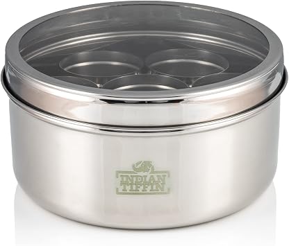 Indian-Tiffin Masala Dabba - Airtight Spice Container - Food Grade Stainless Steel - with Spice Labels & Spoon Large 20cm, Clear Lid, No Lids on Inner Pots