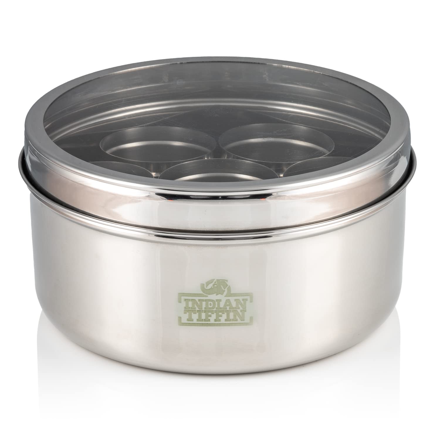 Indian-Tiffin Masala Dabba Hermetyczny pojemnik na przyprawy, z etykietami i łyżeczkami do przypraw (duży (20 cm), przezroczysta pokrywka, bez pokrywki wewnątrz słoików)