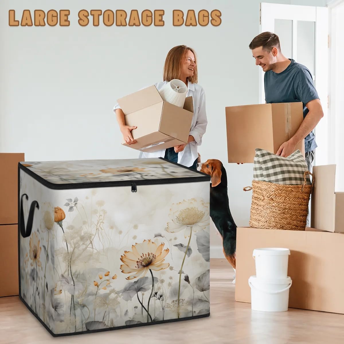 Honeybaby 214L Extra Large Comforter Storage Bag Flowers Mist Storage Totes with Lids Waterproof Closet Organizer Folding Blanket Storage Bags for Clothes Bedding Pillows