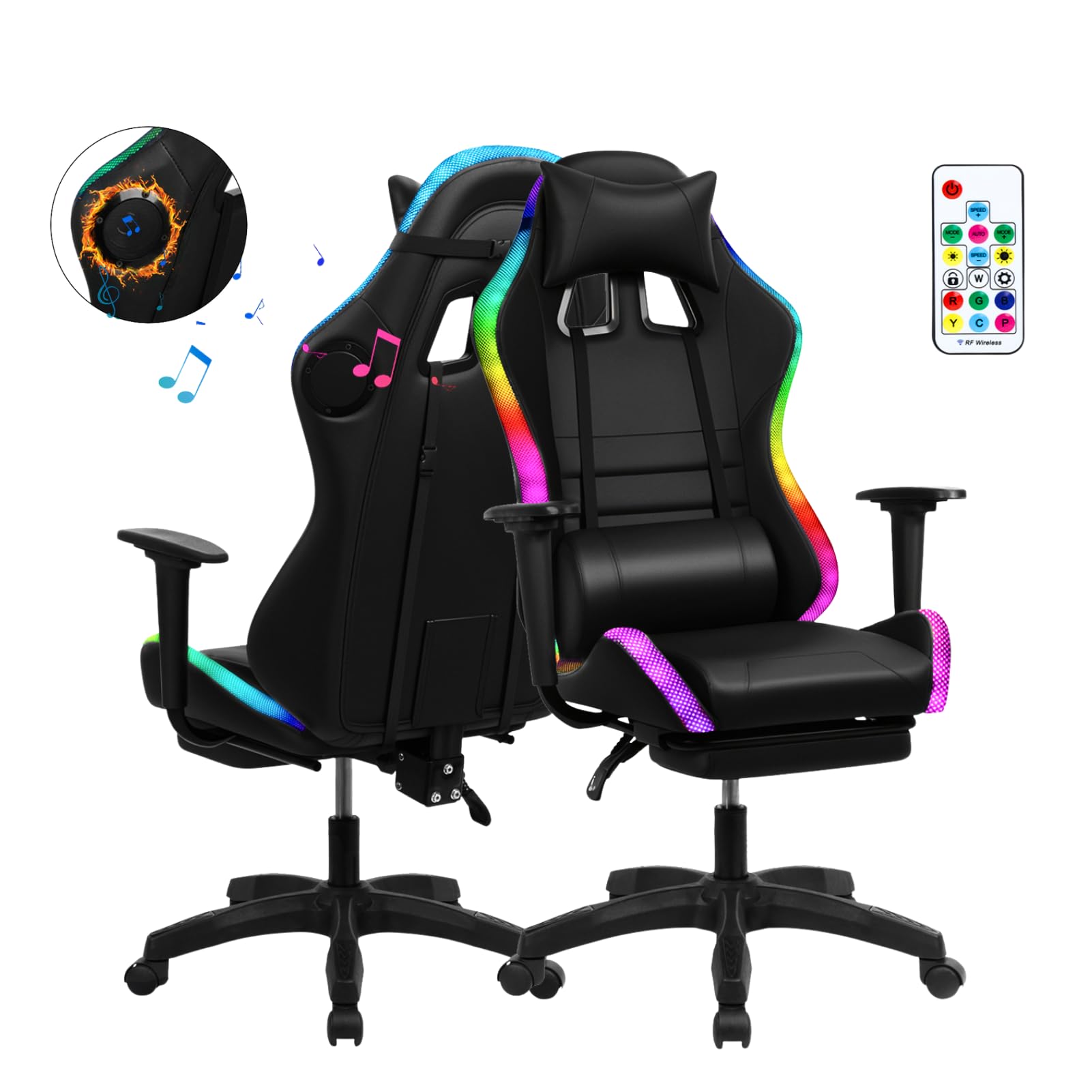 Gaming Chair with Speakers, Bluetooth Gaming Chair with RGB LED Lights and  Footrest, Height Adjustable Massage Computer Chair Lumbar Support for