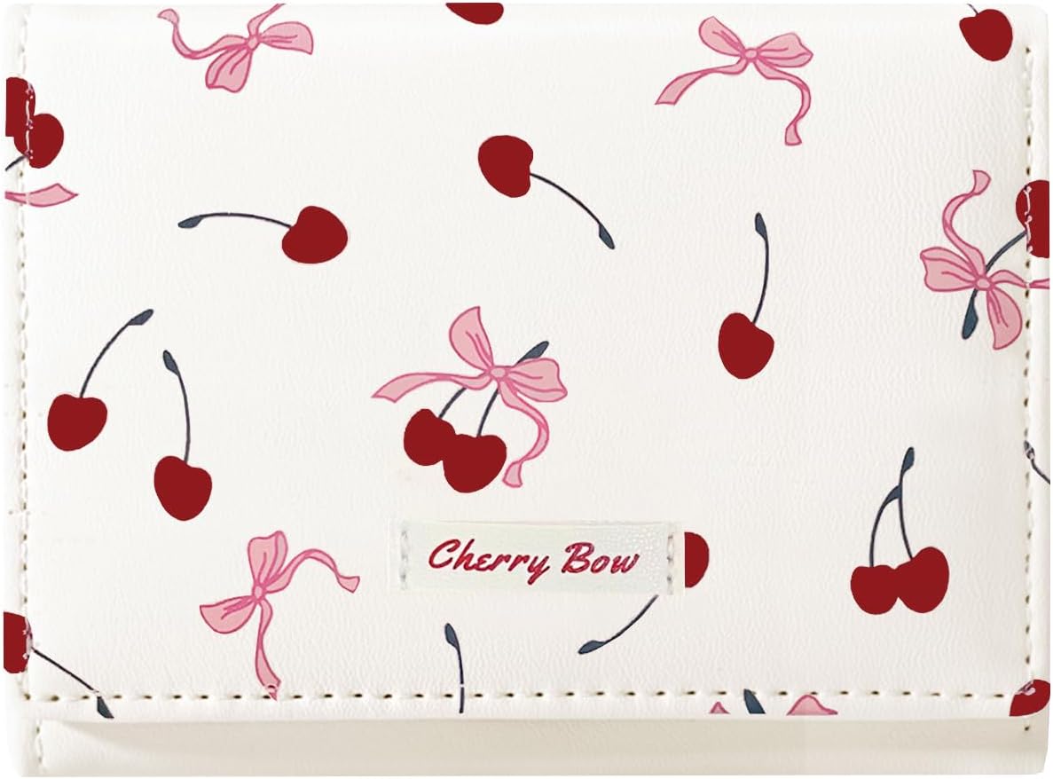 Sunwel Fashion Girls Cute Cherry Print Coquette Bow Wallet Small Wallet Card Holder ID Window for Women (CREAM)