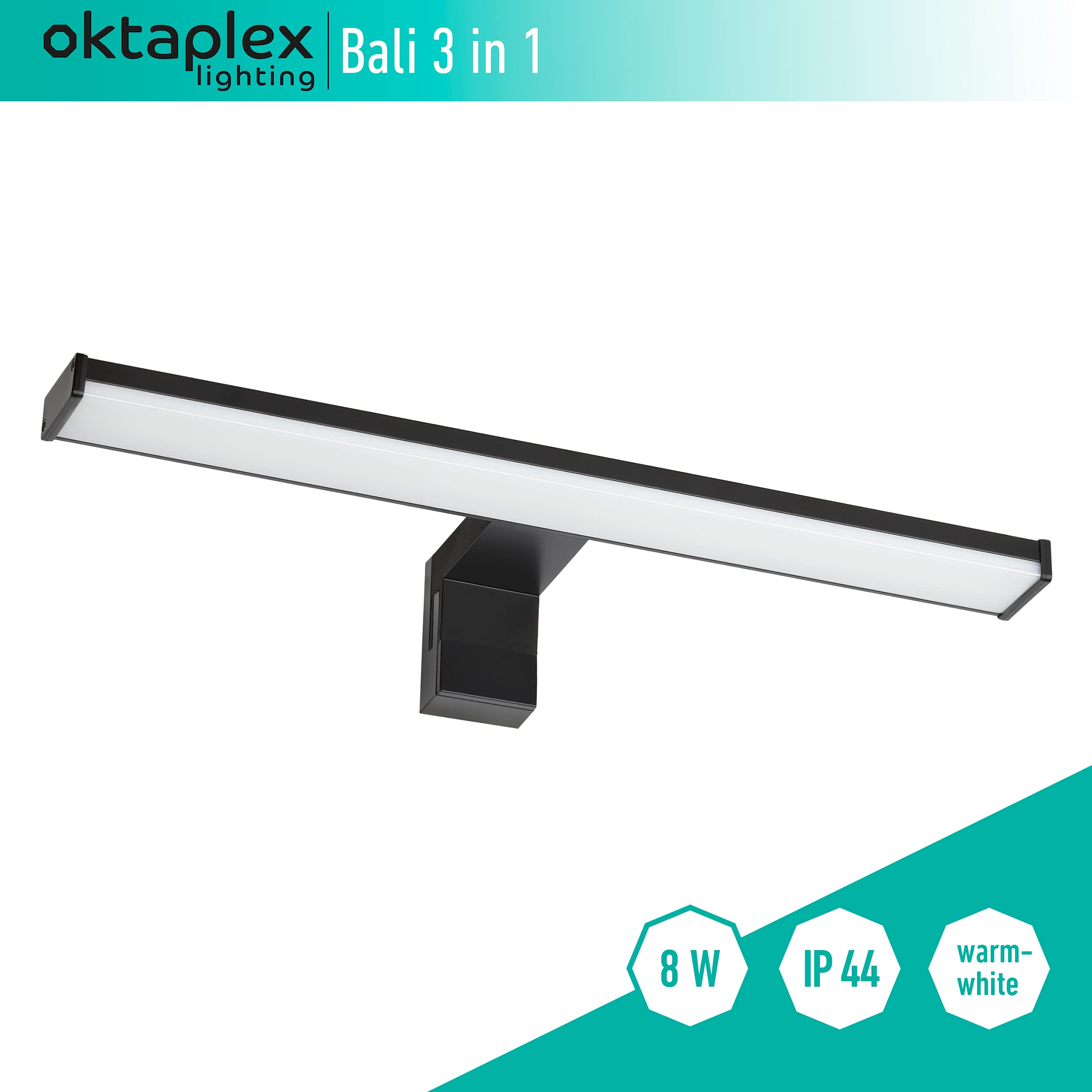 Oktaplex lighting LED Mirror Light Nero 40cm 3 in 1 Montaggio 3000K Bianco caldo 8W 570lm Lampada per specchio da bagno