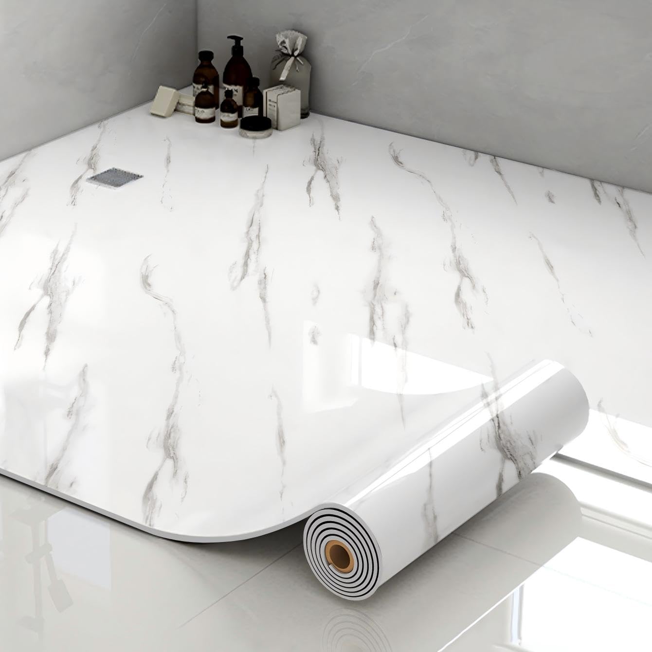 Thick Peel and Stick Vinyl Flooring Roll - 15.75"x118" White Grey Granite Marble Pattern,Self-Adhesive Waterproof PVC Floor Tile for Kitchen,Bathroom,Bedroom,Washroom& Dining Room（13Sq. Ft）