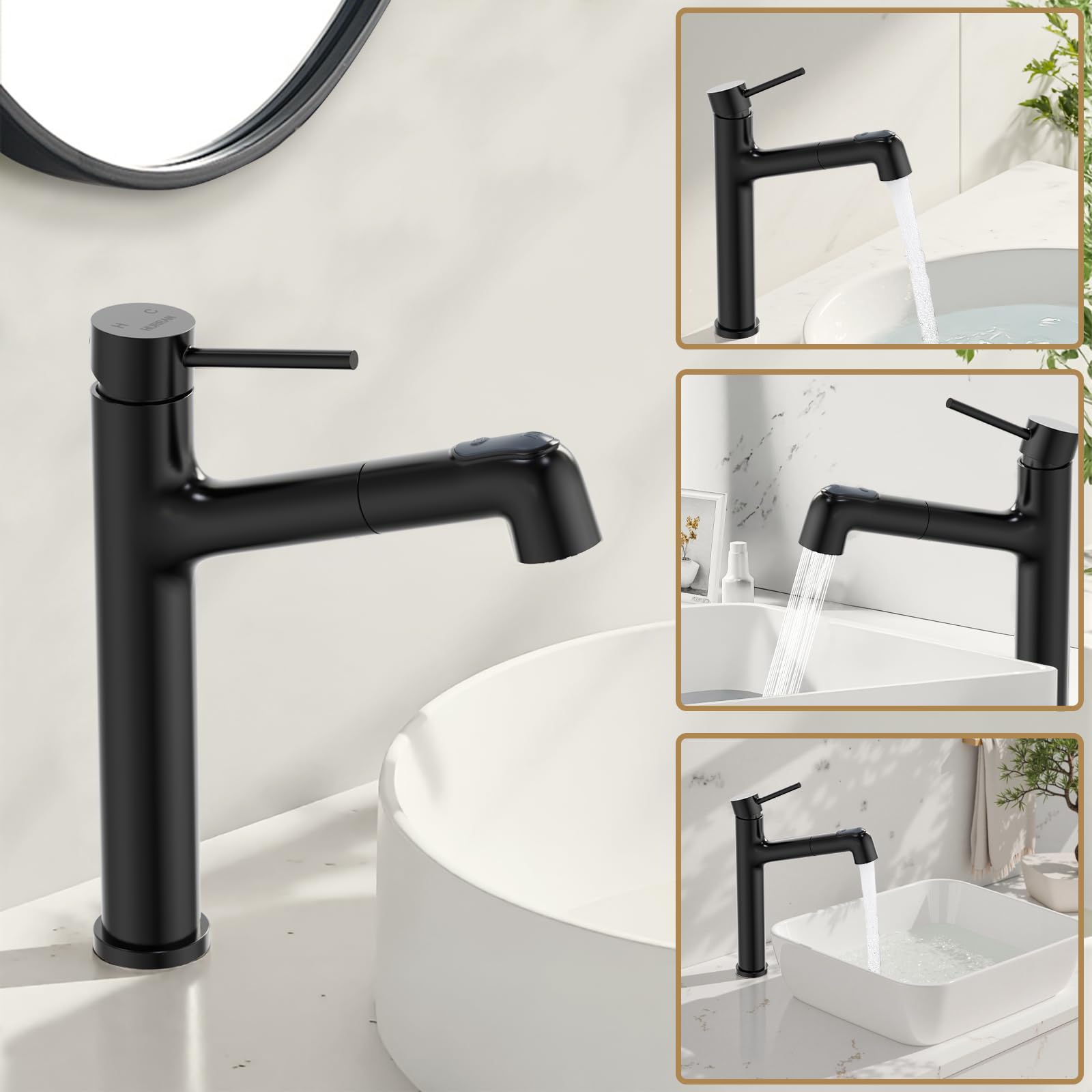 HURRAN Rubinetto Bagno Lavabo, Miscelatore Alto per Lavabo, Miscelatore Estraibile con 2 Modalità di Erogazione, Rubinetto Bagno Monocomando in Acciaio Inox, Nero Matte