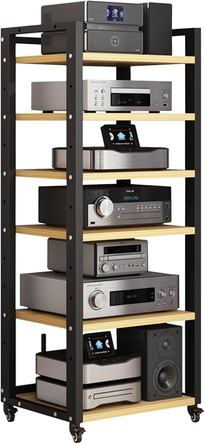 Modern Media Storage Cabinet - Adjustable Audio Rack & Stereo AV Stand with 5/6/7 Shelves for Video Game Console(Wood Color,6-Tier)