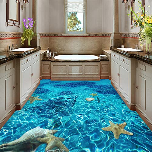 BARTEU Póster impermeable para decoración de piso, papel pintado autoadhesivo 3D, azulejos de agua de mar, adhesivo para baño, dormitorio, antideslizante, 200 x 140 cm