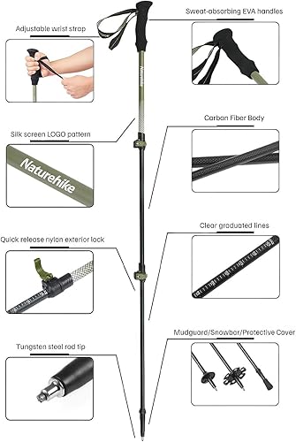 Miniatura 3 de Naturehike - Bastón de trekking de fibra de carbono 3K plegable y telescópico de 3 secciones ultraligero para mujeres y hombres, bastón