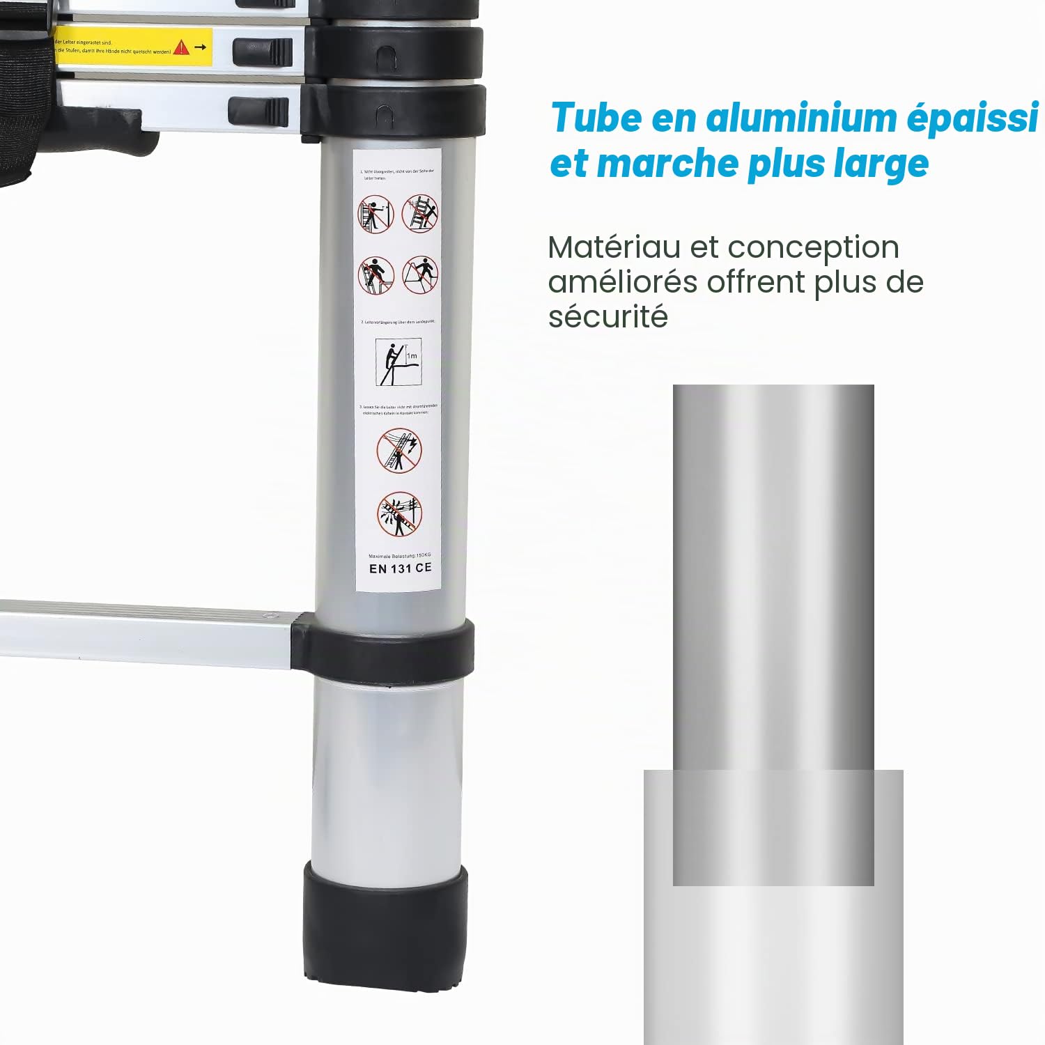 Échelle télescopique 4,4 m en Aluminium, Interrupteur de sécurité Multi-Niveaux, échelle Extensible Portable, antidérapant, échelle multifonctionnelle, Charge maximale : 150 kg