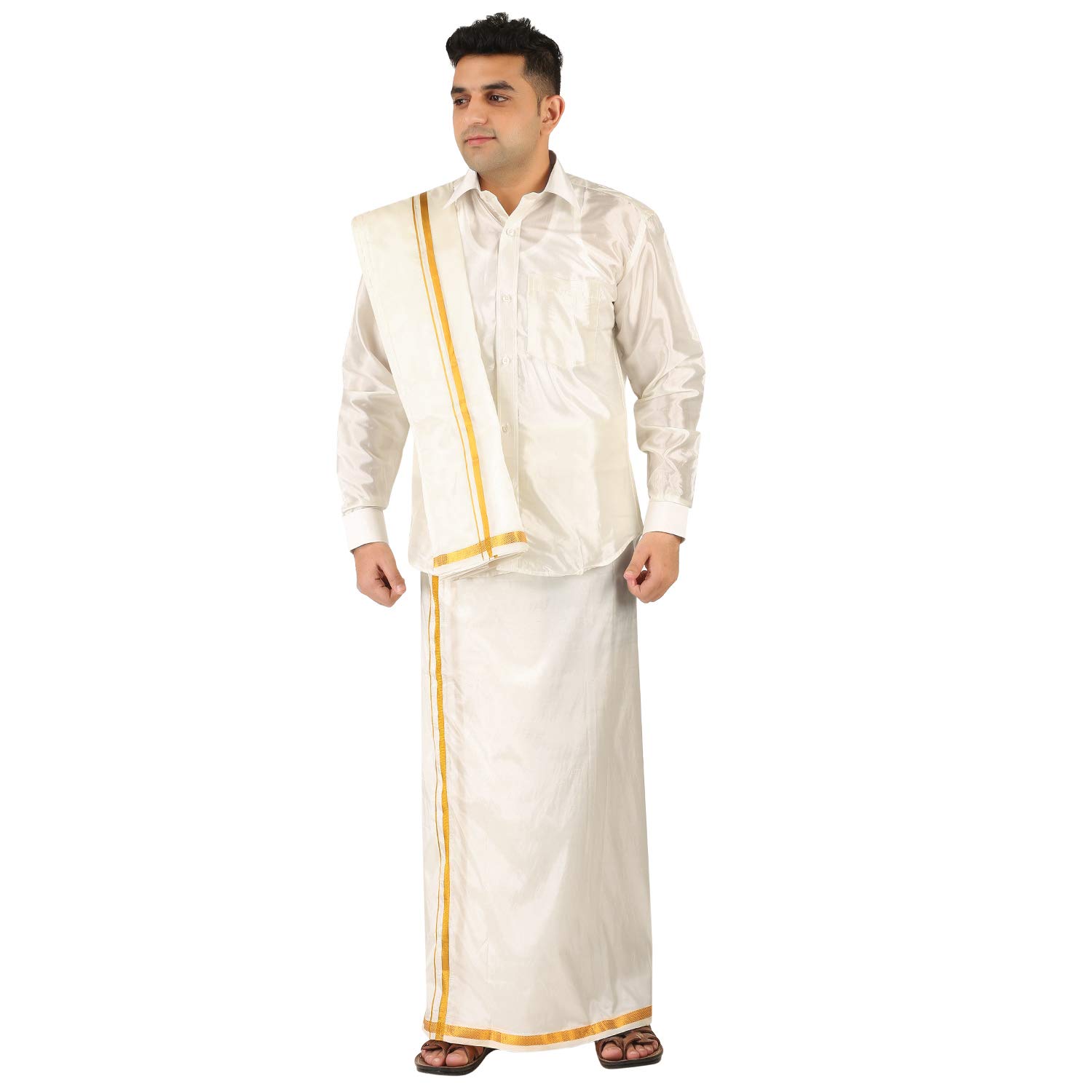 Prakasam Cotton Mens Silk Look Full Sleeve Regular Fit Shirt + Double Layer 8 Mulam Dhoti(Free Size) + Single Towel (White, 46)