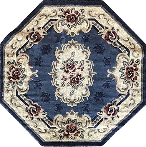 Traditional Octagon Aubusson Persian Floral Oriental Area Rug Light Blue Red & Beige Design 507 (4 Feet X 4 Feet) #TOP9