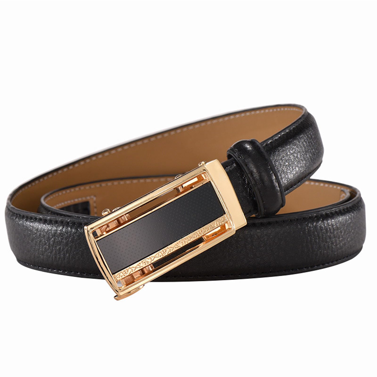 Wrjahcg Unisex Black Ratchet Womens Belts Fashion, 2.4Cm Adjustable Thin Leather Belt With Square Alloy Automatic Buckle,,110Cm/43.3''