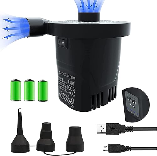 Bomba de aire recargable, inflador y deflector de llenado rápido con 3 boquillas, ligero y para camping, piscina, flotador, barco, anillo de natación