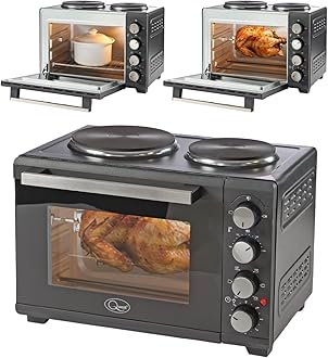 Quest 35379 26L Twin Hob Countertop Rotisserie and Convection Mini Oven/Adjustable Temperature/Accessories Included / 60 Mins Timer & Auto Shut Off with Bell