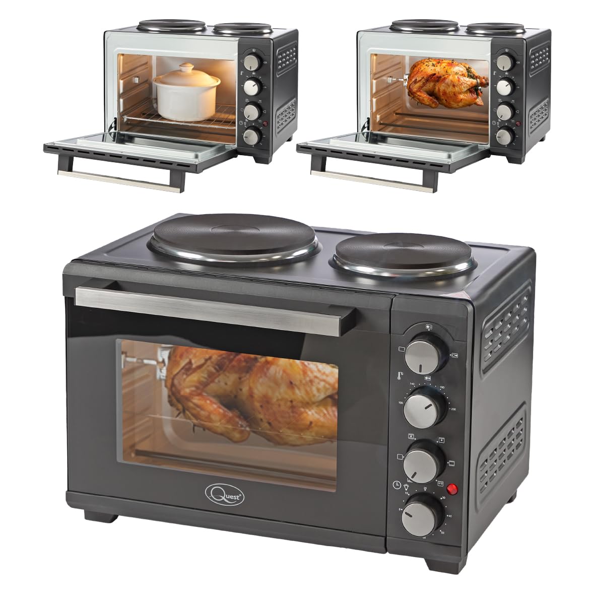 Quest 35379 26L Twin Hob Countertop Rotisserie and Convection Mini Oven/Adjustable Temperature/Accessories Included / 60 Mins Timer & Auto Shut Off with Bell