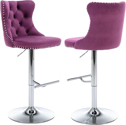 Miniatura 180 de Aoowow Juego de 2 taburetes de bar giratorios ajustables con respaldo de terciopelo copetudo, sillas de bar modernas tapizadas con cabeza de clavo