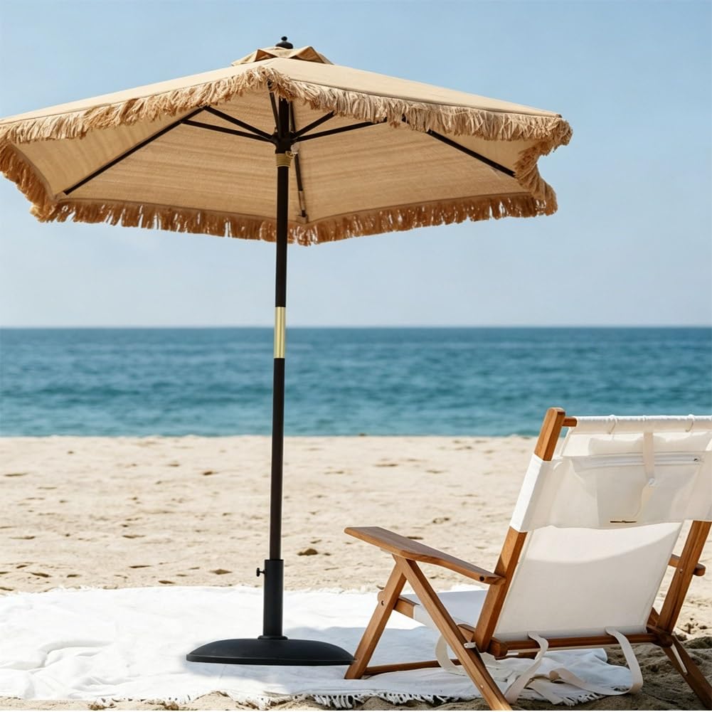 210 cm Hawajski Parasol Ogrodowy ze Słomy Tiki z Frędzlami, Tropikalny Parasol Plażowy ze Strzechą, z Drewnianym Drążkiem i Torbą Transportową