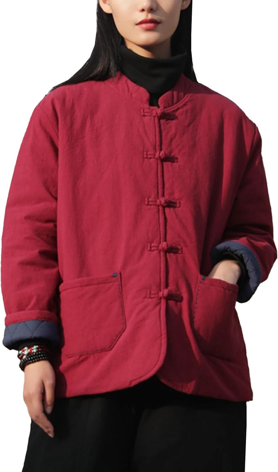 LUZU JUNU Women's Quilted Lightweight Jacket Coat Chinese Tang Suit Style Cotton Linen Short Coats with Pockets