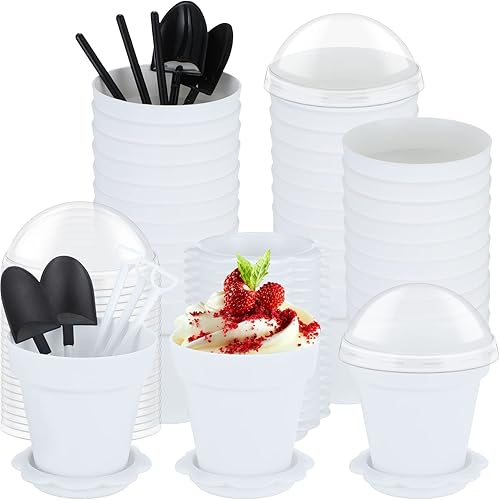 Paquete de 50 tazas de plástico para tartas de postre con tapa, pala, cuchara, bandeja inferior, tazas de postre, helado, yogur, recipientes para