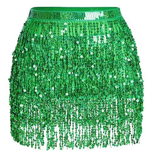 Belly Dance Hip Scarf Sequin Tassel Skirt Performance Outfits Sparkly Fringe Wrap Halloween Costume Party Rave Festival Skirt for Women and Girls Green