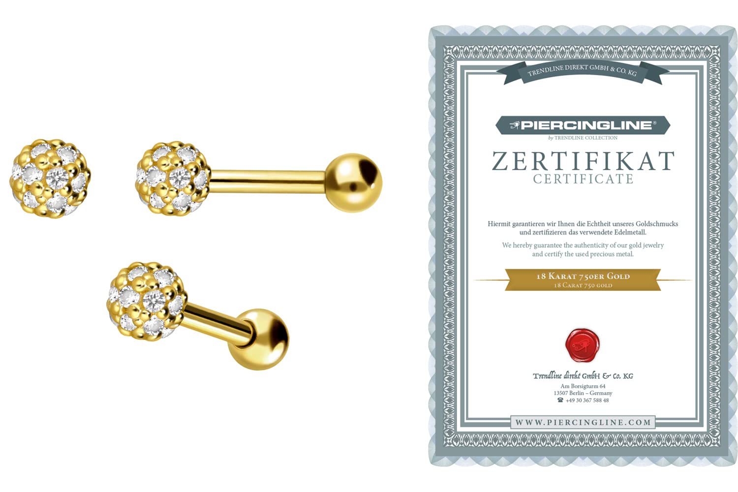 PIERCINGLINE 750er GOLD Ohrpiercing | 18 KARAT | KUGEL + KRISTALLE | Piercing Tragus Helix Conch | Farbauswahl