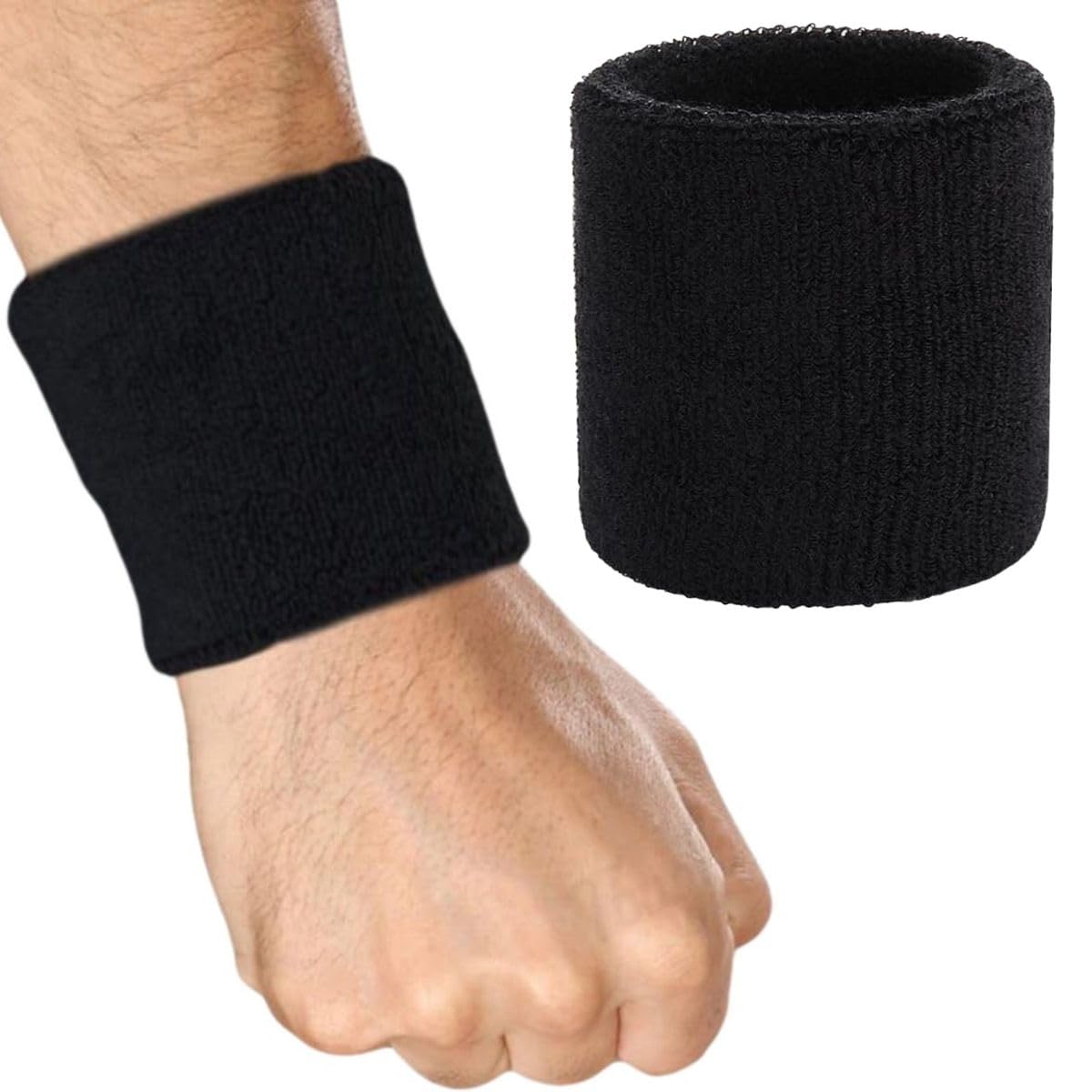 XFyt Sports Cricket Wrist Sweat Band | High Absorbtion Terry Cotton Thick Hand sweatbands for Gym, Workouts, Exercises Running and Cricket (1 Piece, Black)