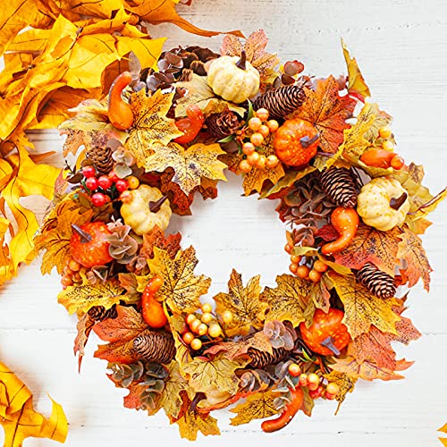 Souarts Fall Wreath For Front Door, 20" Artificial Fall Door Wreath, Pumpkin Maple Leaves Thanksgiving Wreath Garland, Hanging Wall Wreath For Halloween Thanksgiving Festival Decor Wreath #TOP5