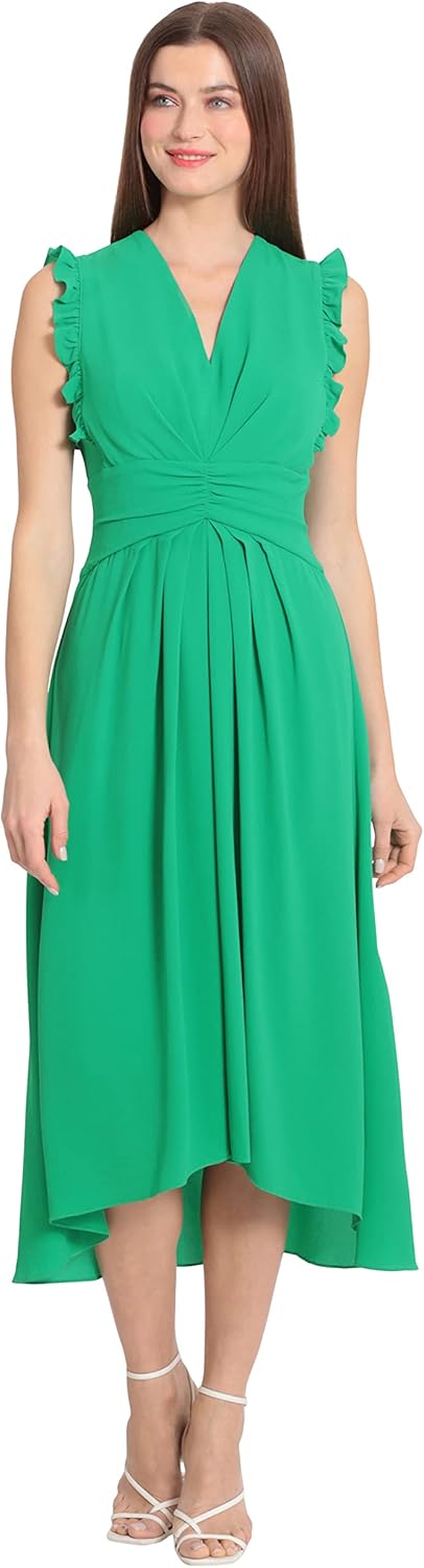 Maggy London Women's V-Neck Hi-lo Midi Dress with Gathered Waist and Ruffle Details 8 Bright Jade