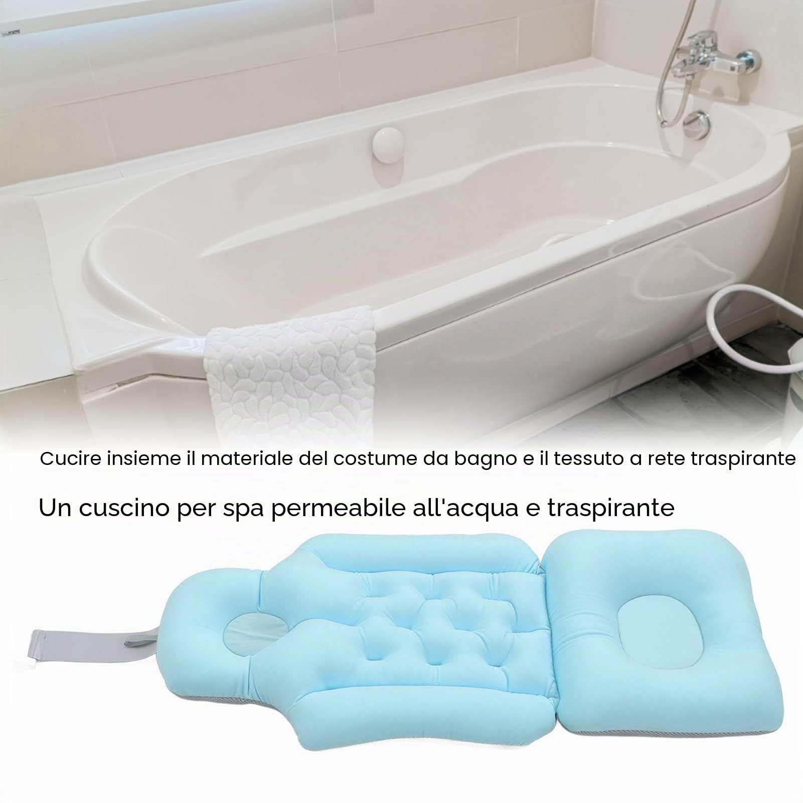 Cuscino per Vasca da Bagno, Tappetino Pieghevole Traspirante per Tutto il Corpo e Cuscino Poggiatesta per Donne e Uomini, Cuscino Vasca da Bagno 3D Mesh, per Vasca Idromassaggio e Spa (Blu)