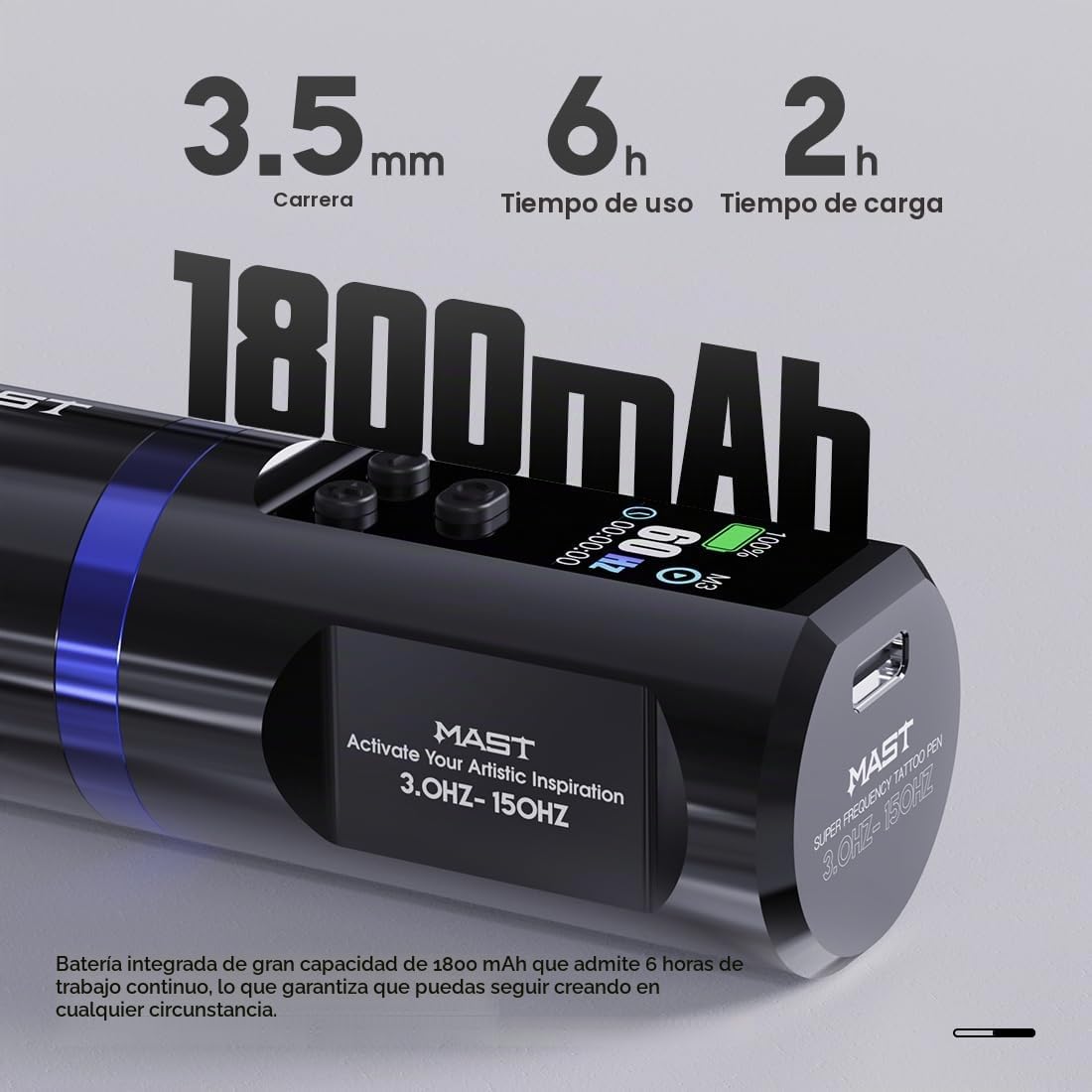 Mast Hertz máquina tatuaje Wireless Tattoo Pen Machine Rotary Tattoo Gun Adjustable Frequency 3HZ-150HZ Brushless Motor 3.5mm Stroke 1800mAh Battery LCD Display for Tattoo Artists