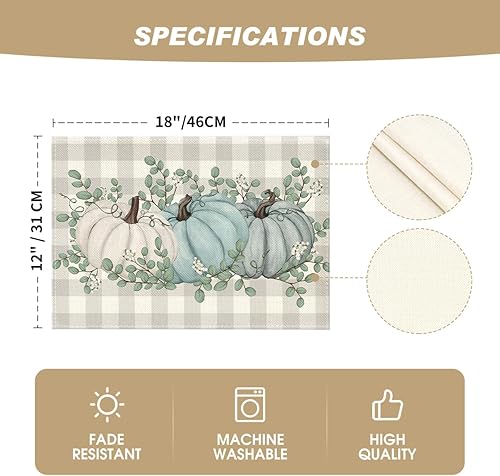 Miniatura 5 de Artoid Mode Juego de 2 manteles individuales de otoño de 12 x 18 pulgadas para decoración de fiestas, cocina, comedor